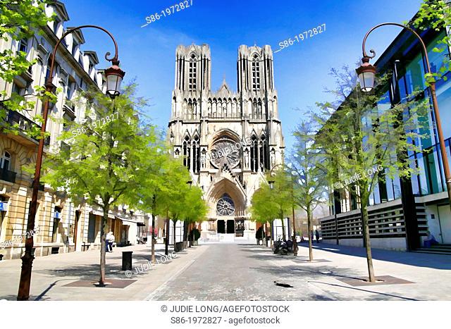 Looking at the Approach to Cathedrale Notre-Dame de Reims, Reims, France