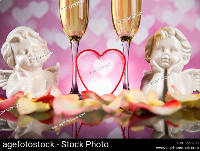 Valentines day background with champagne and roses, mirror background