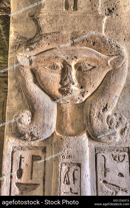 Square Pillar, Goddess Hathor Head, Temple of Hathor and Nefetari, UNESCO World Heritage Site, Abu Simbel, Egypt