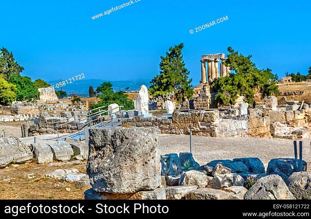 The ruins of the Temple of Apollo in ancient Corinth, Greece