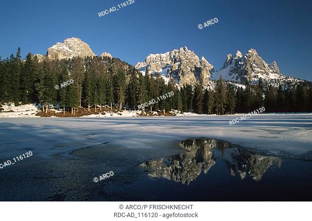 Frozen Lake of Antorno Dolomites near Misurina South Tyrol Italy Lago de Antorno