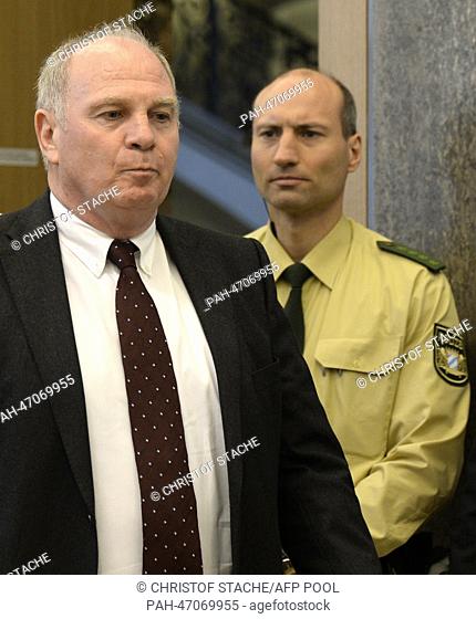 Defendant Uli Hoeness, the president of German soccer club FC Bayern Munich, arrives in the courtroom for the fourth day of trial at the Palace of Justice in...