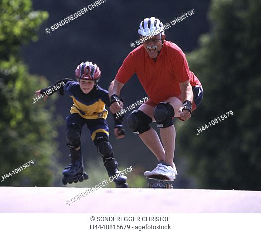 Inline Skating, skateboard, rolling board, grandfather, grandson, child, elderly man, fun, joke, generations, helmet