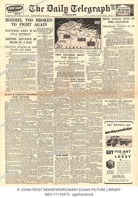 1941 front page Daily Telegraph Rommel in full retreat in Libya, Japanese advance in Malaya and Russian Army attack Finnish Forces