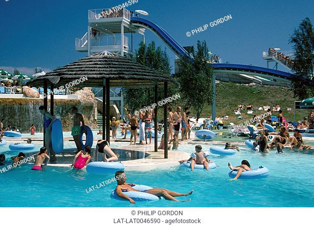 Marineland Water Park. People in pool. Sunbathers. Slide. Alpes-Maritimes