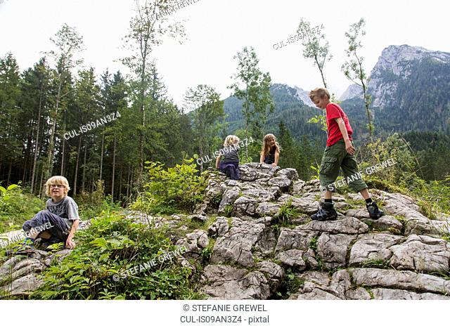 Brothers and sisters playing on rock formation in forest, Zauberwald, Bavaria, Germany