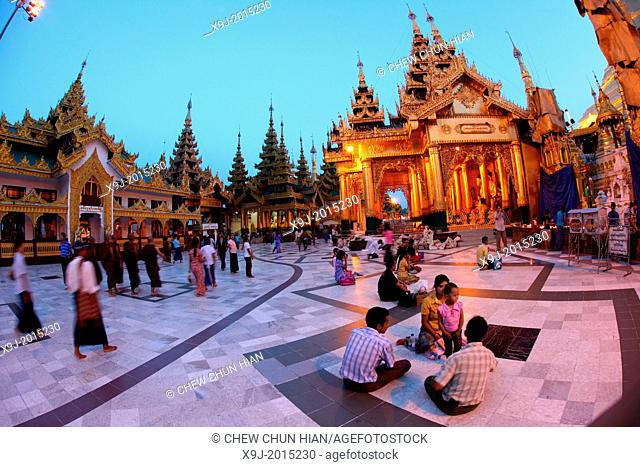 Shwedagon pagoda in dusk, yangon, myanmar, asia
