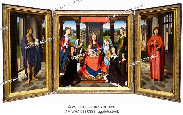 Triptych painting titled 'Virgin and Child' by Hans Memling (1430-1494) a German Early Netherlandish painter. Dated 15th Century