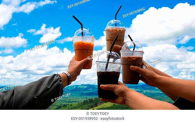 Summer drink on blue sky background friendship concept