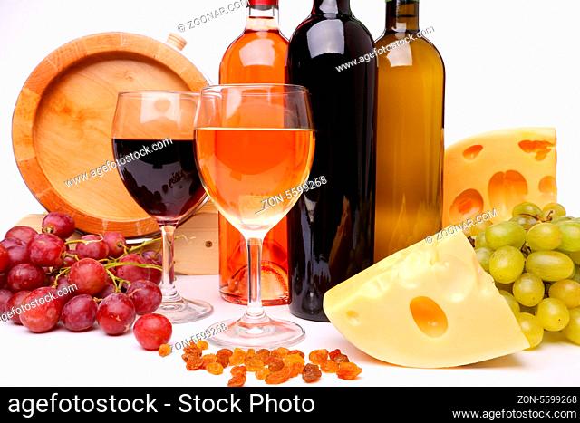 Wine composition. Bootles and glasses of wine, barrel, grape, cheese, raisuins
