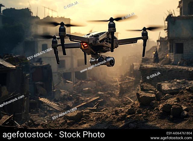A military spying flying over destroyed city. Drones are used for both drone strikes and battlefield intelligence.AI generated