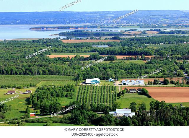 An aerial view of the Annapolis Valley in Nova Scotia, Canada near Canning showing farms and orchards and the Minas Basin