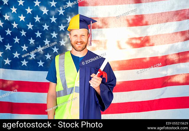 Split Screen Male Graduate In Cap and Gown to Engineer in Hard Hat in Front Of American Flag