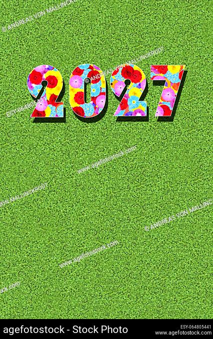 written number of the year 2027, with colorful flowers on a green meadow, graphic, writing