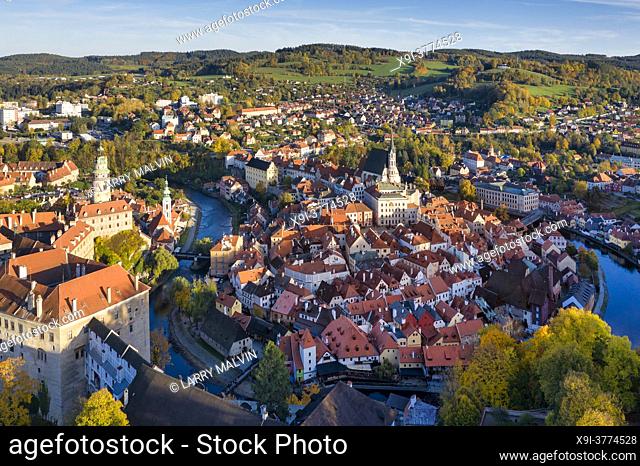 Late afternoon aerial view of the picturesque, fairy tale town of Cesky Krumlov, a UNESCO-designated World Heritage Site in the South Bohemia region of the...