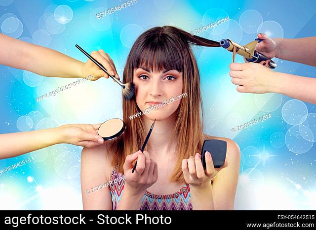 Skinny young girl portrait in beauty salon with colourful shiny concept