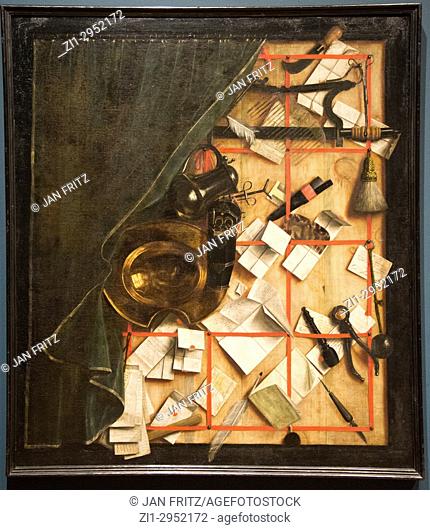 ' trompe l'oeil. Letter rack with a barber-surgeon's instruments' by Cornelius Norbertus in National Museum in Copenhagen, Denmark