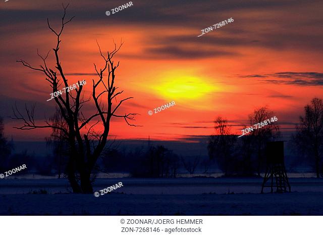 Bavarian winter landscape at dawn with deer stand