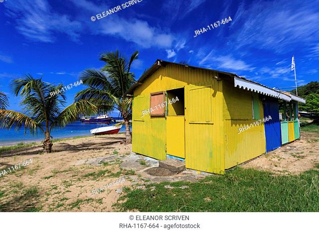 Colourful beach hut bar and boats, Saline Bay, Mayreau, Grenadines of St. Vincent, Windward Islands, West Indies, Caribbean, Central America