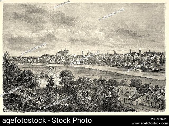 Landscape panoramic view of Regensburg and Stadtamhof, Bavaria. Germany Europe. Old 19th century engraved illustration, Le Tour du Monde 1863