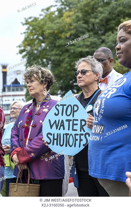 Detroit, Michigan - Religious leaders from various faiths gathered by the Detroit River to protest the continuing shut-off of water to people who are not able...