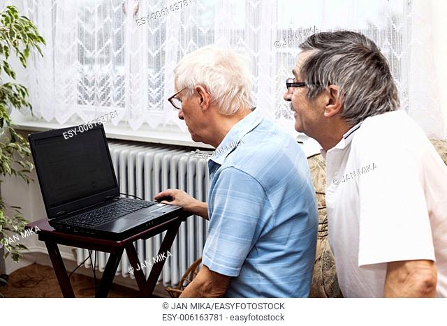 Two seniors learning to use a computer