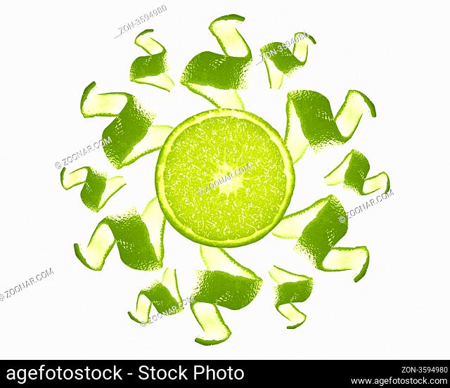 Peel and slice of lemon formed sun isolated on white background