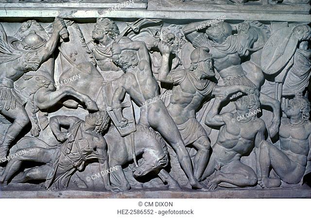 Frieze showing Roman soldiers fighting barbarians from a Roman sarcophagus