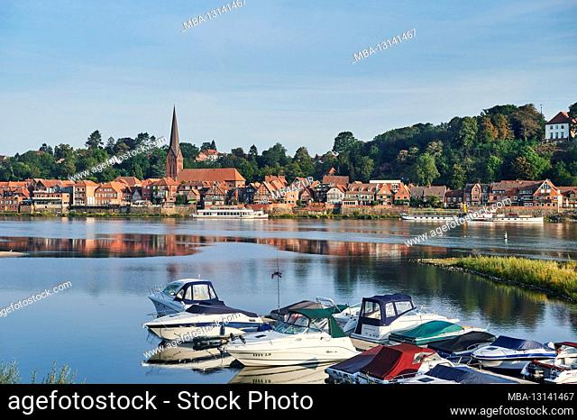 River landscape, Elbtalaue in Lower Saxony, Germany, biosphere reserve, Hohnstorf harbor with a view of the old town of Lauenburg in Schleswig-Holstein
