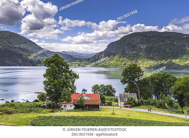 Ornes and the Lustrafjorden from above, Norway, Lustrafjorden