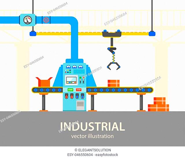 Factory or plant automated line with control box and operator panel, pipes with pressure meter. Packaging or manufacturing