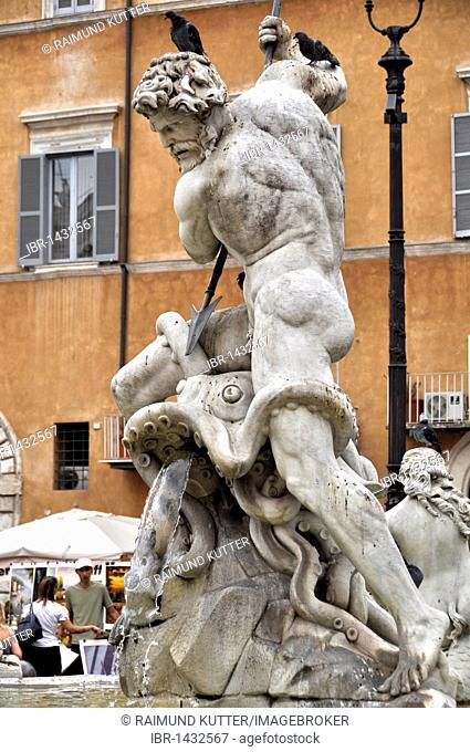 Sea god Neptune with octopus, Fontana del Nettuno Fountain of Neptune, Piazza Navona square, Rome, Lazio, Italy, Europe