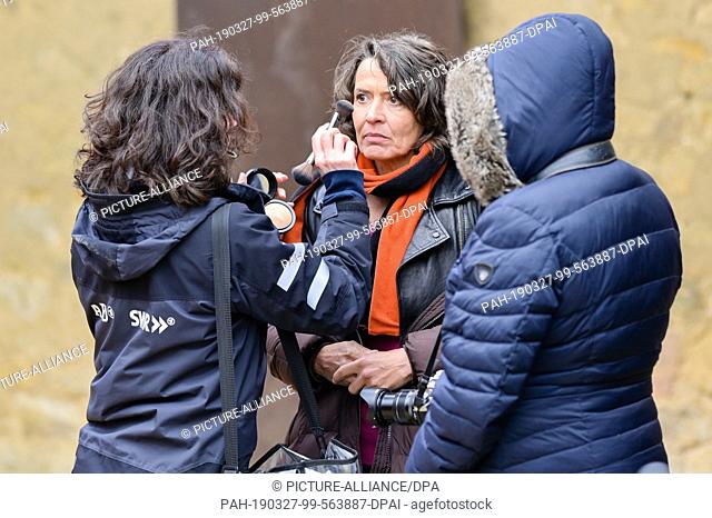 26 March 2019, Rhineland-Palatinate, Obermoschel: The actress Ulrike Folkerts is made up during the shooting of the crime series ""Tatort""