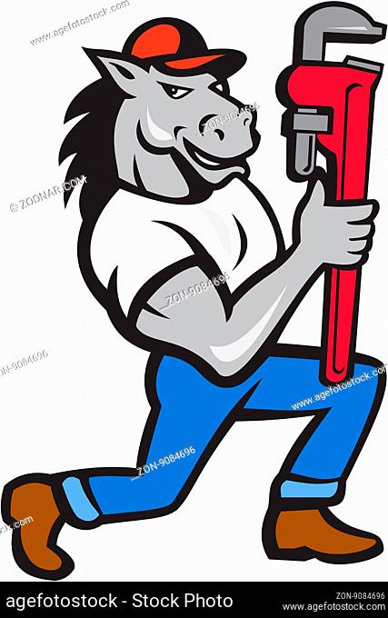 Illustration of a horse plumber kneeling holding monkey wrench set on isolated white background done in cartoon style