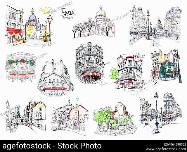 Set of color vector typical parisain landmarks, house, cafe and lanterns, Paris, France