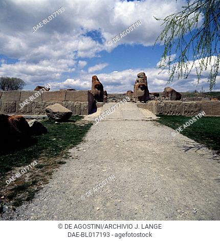 View of the Sphinx Gate and the relief orthostates in the archaeological site of Alacahoyuk, Turkey. Hittite civilisation, 14th century BC