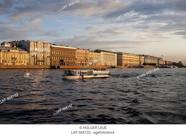 Sightseeing boat excursion on Neva river, St. Petersburg, Russia