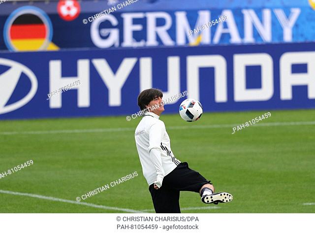 Germany's head coach Joachim Loew in action during a training session of the German national soccer team on the training pitch next to team hotel in Evian