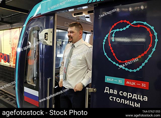 RUSSIA, MOSCOW - MARCH 1, 2023: A train at the newly-opened Sokolniki Station on Line 11 (Big Circle Line) of the Moscow Underground