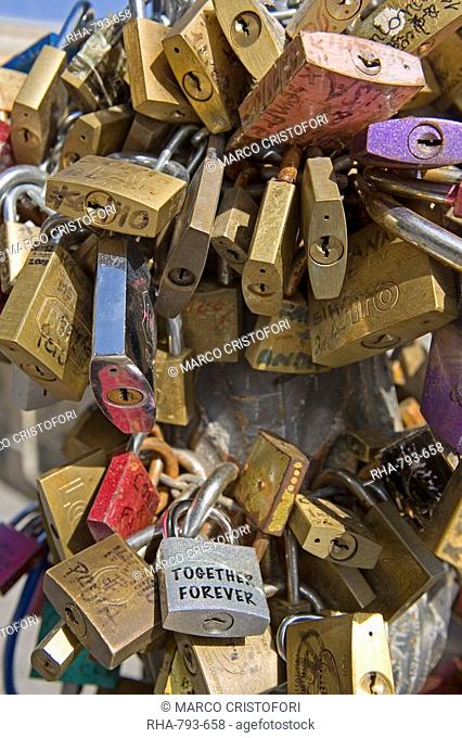 Love security locks, Sant'Oronzo Square, Lecce, Lecce province, Puglia, Italy, Europe