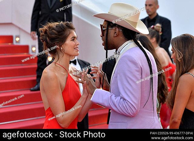 25 May 2022, France, Cannes: Kaia Gerber and Jeremy O. Harris attend the screening of ""Elvis"" during the 75th annual Cannes film festival at Palais des...