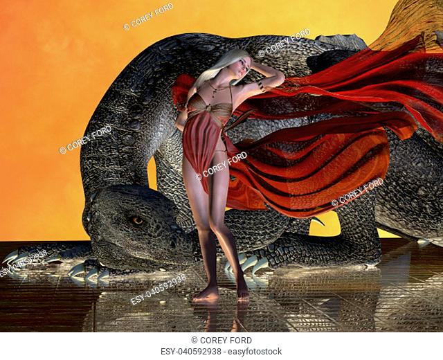 A dragon remains at the side of a fairy in a red dress to protect her from any enemies