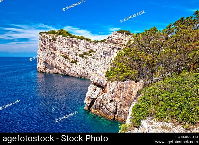Kornati archipelago national park. Spectacular cliffs of Telascica bay above blue Adriatic sea, Dalmatia region of Croatia