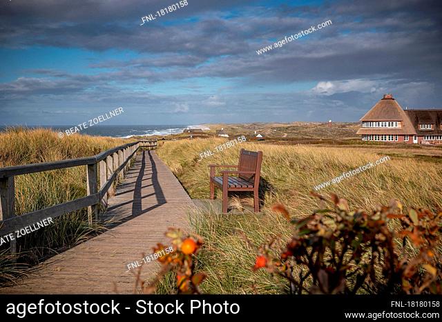 Wooden path leads along the Red Cliff in Kampen/Sylt parallel to the coast. On the right the freshly renovated and reopened Sturmhaube, autumn sunny
