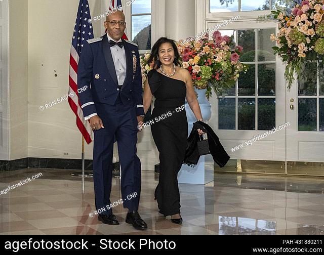 United States Air Force General Charles Q. Brown, Jr, Chair, Joint Chiefs of Staff, and Mrs. Sharene Brown arrive for the State Dinner honoring Prime Minister...