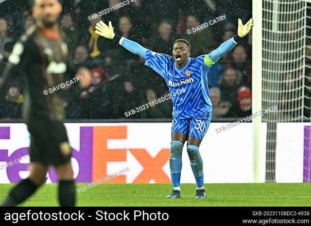 Brice Samba (30) of RC Lens gestures during the Uefa Champions League matchday 4 game in group B in the 2023-2024 season between PSV Eindhoven and Racing Club...