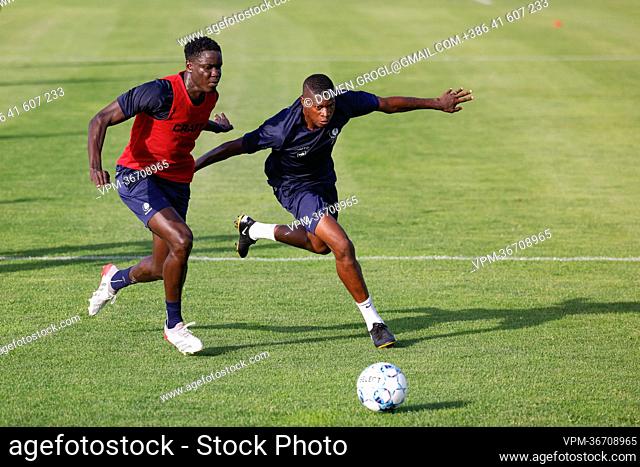 Two unidentified players pictured in action during a training session of JPL KAA Gent on the first day of their stage in Stegersbach, Austria
