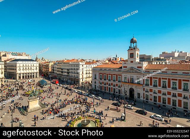 Madrid Spain, aerial view city skyline at Puerta del Sol