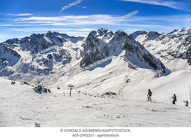 Grand Tourmalet ski area. La Mongie ski resort. Luz-Saint Sauveur. Hautes-Pyrenees Department. Midi-Pyrenees Region. France