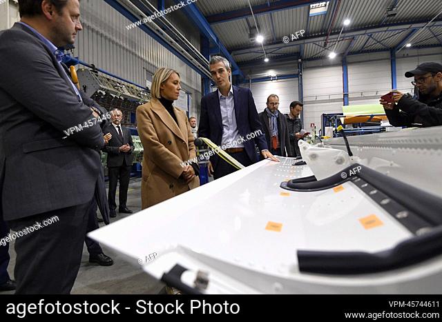 Defence minister Ludivine Dedonder and Sonaca CEO Yves Delatte pictured during the presentation of aerospace company Sonaca's European pilot project for the...